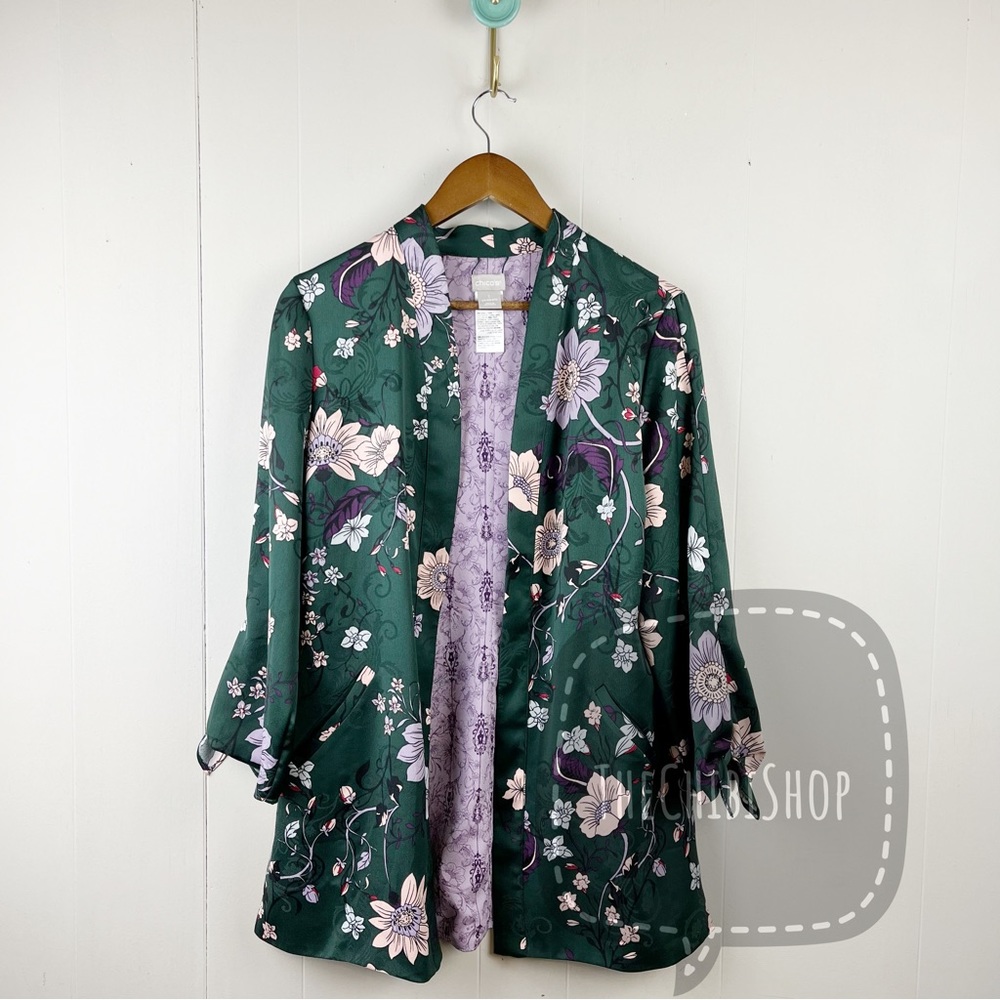 Chico's Green Floral Kimono Cardigan sz 8/10